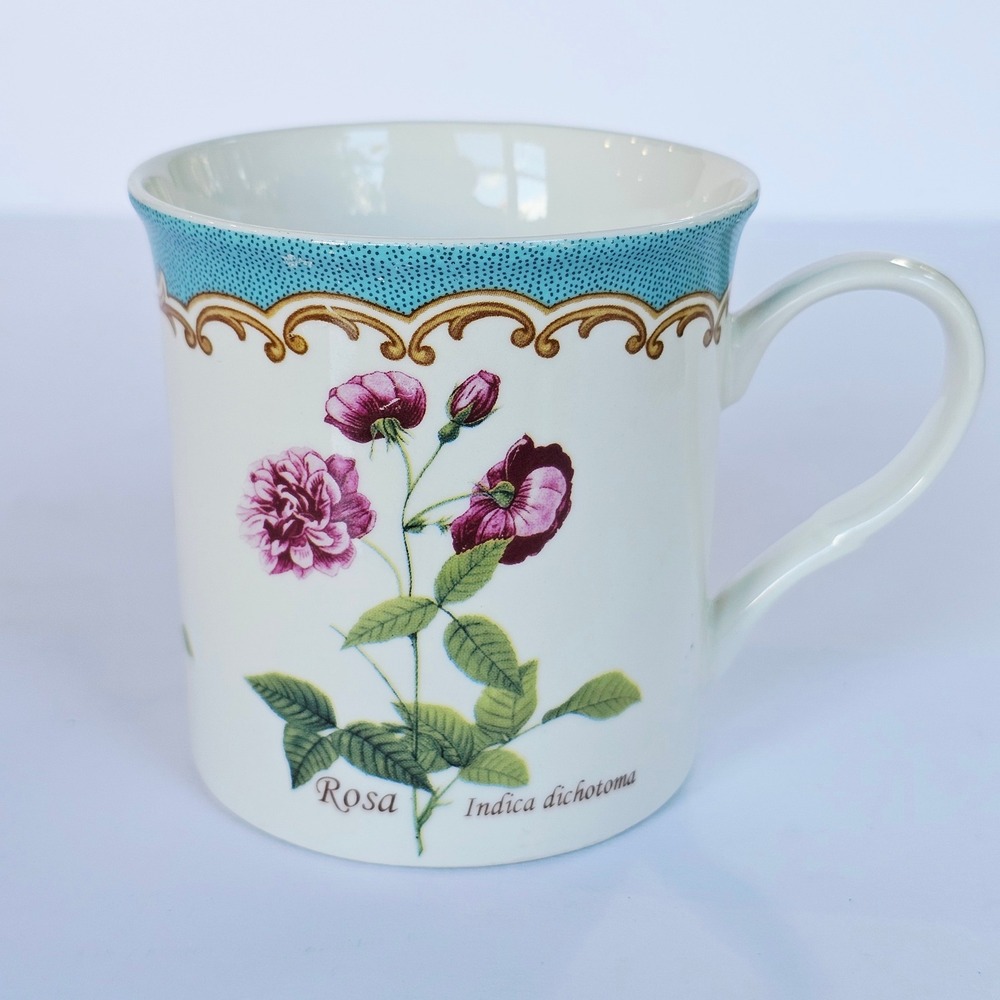 Kent Pottery Coffee Mug Rosa Indica Dichotoma Botanical Floral Teal Cottagecore